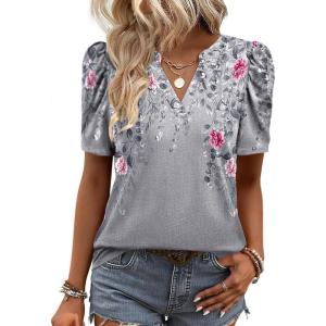 image:imageZeagoo Women Blouses Puff Short Sleeve Tops V Neck Dressy Casual Spring Shirts Boho Floral Cute Clothes 2026Hf36grey