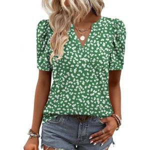 image:imageZeagoo Women Blouses Puff Short Sleeve Tops V Neck Dressy Casual Spring Shirts Boho Floral Cute Clothes 2026Jh560green