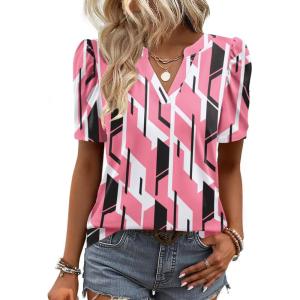 image:imageZeagoo Women Blouses Puff Short Sleeve Tops V Neck Dressy Casual Spring Shirts Boho Floral Cute Clothes 2026Jh603pink