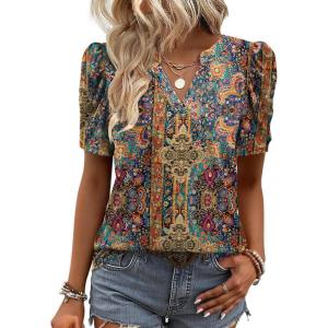 image:imageZeagoo Women Blouses Puff Short Sleeve Tops V Neck Dressy Casual Spring Shirts Boho Floral Cute Clothes 2026Mz721multicolored