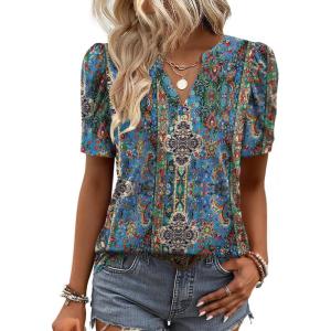 image:imageZeagoo Women Blouses Puff Short Sleeve Tops V Neck Dressy Casual Spring Shirts Boho Floral Cute Clothes 2026Mz779multicolored