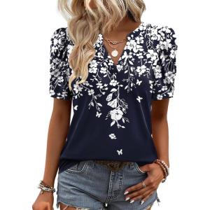 image:imageZeagoo Women Blouses Puff Short Sleeve Tops V Neck Dressy Casual Spring Shirts Boho Floral Cute Clothes 2026Sf103navy