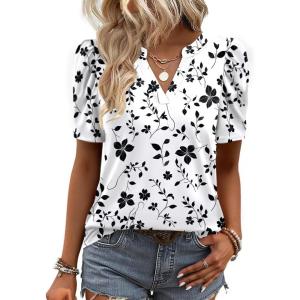 image:imageZeagoo Women Blouses Puff Short Sleeve Tops V Neck Dressy Casual Spring Shirts Boho Floral Cute Clothes 2026Sf291white