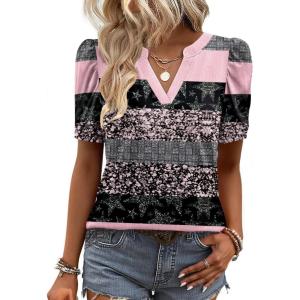 image:imageZeagoo Women Blouses Puff Short Sleeve Tops V Neck Dressy Casual Spring Shirts Boho Floral Cute Clothes 2026Tz245stripe