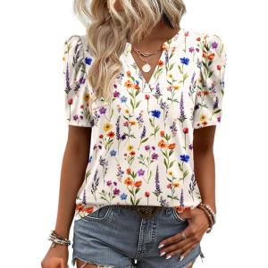 image:imageZeagoo Women Blouses Puff Short Sleeve Tops V Neck Dressy Casual Spring Shirts Boho Floral Cute Clothes 2026Wf109apricot