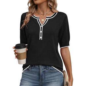 image:imageZeagoo Womens Short Sleeve Sweater 2026 Spring Summer Tops Lightweight Casual V Neck Sweaters Dressy Work Blouses ClothesA Blackwhite