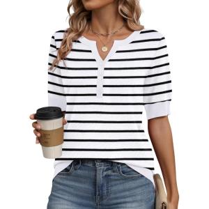 image:imageZeagoo Womens Short Sleeve Sweater 2026 Spring Summer Tops Lightweight Casual V Neck Sweaters Dressy Work Blouses ClothesA Blackwhite Stripe