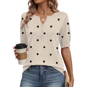 image:imageZeagoo Womens Short Sleeve Sweater 2026 Spring Summer Tops Lightweight Casual V Neck Sweaters Dressy Work Blouses ClothesA Polka Dotkhaki