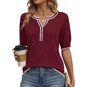 image:imageZeagoo Womens Short Sleeve Sweater 2026 Spring Summer Tops Lightweight Casual V Neck Sweaters Dressy Work Blouses ClothesA Redwhite
