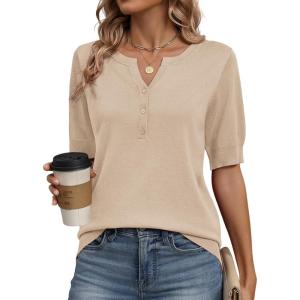 image:imageZeagoo Womens Short Sleeve Sweater 2026 Spring Summer Tops Lightweight Casual V Neck Sweaters Dressy Work Blouses ClothesApricot