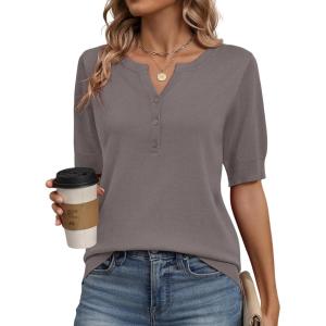 image:imageZeagoo Womens Short Sleeve Sweater 2026 Spring Summer Tops Lightweight Casual V Neck Sweaters Dressy Work Blouses ClothesCamel