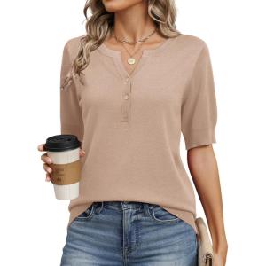 image:imageZeagoo Womens Short Sleeve Sweater 2026 Spring Summer Tops Lightweight Casual V Neck Sweaters Dressy Work Blouses ClothesKhaki