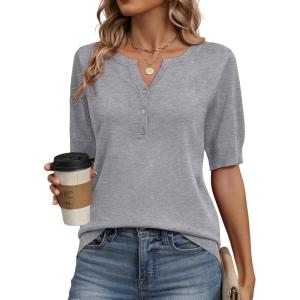 image:imageZeagoo Womens Short Sleeve Sweater 2026 Spring Summer Tops Lightweight Casual V Neck Sweaters Dressy Work Blouses ClothesLight Grey