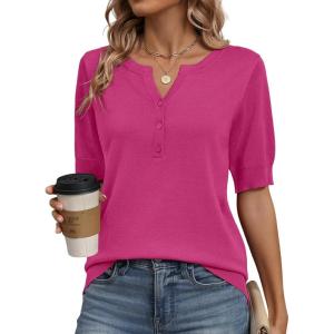 image:imageZeagoo Womens Short Sleeve Sweater 2026 Spring Summer Tops Lightweight Casual V Neck Sweaters Dressy Work Blouses ClothesRose Red