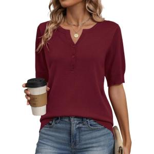 image:imageZeagoo Womens Short Sleeve Sweater 2026 Spring Summer Tops Lightweight Casual V Neck Sweaters Dressy Work Blouses ClothesWine Red
