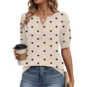 image:imageZeagoo Womens Short Sleeve Sweater 2026 Spring Summer Tops Lightweight Casual V Neck Sweaters Dressy Work Blouses ClothesZ Khaki Heart