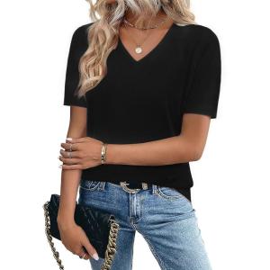 image:imageZeagoo Womens Short Sleeve Sweaters 2026 Summer Lightweight V Neck Pullover Tops Dressy Business Casual Blouses ClothesBlack