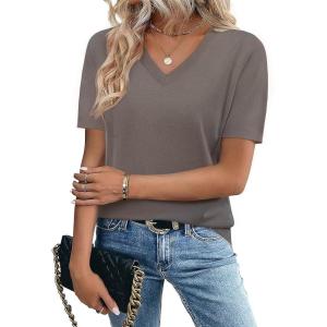 image:imageZeagoo Womens Short Sleeve Sweaters 2026 Summer Lightweight V Neck Pullover Tops Dressy Business Casual Blouses ClothesCoffee