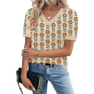 image:imageZeagoo Womens Short Sleeve Sweaters 2026 Summer Lightweight V Neck Pullover Tops Dressy Business Casual Blouses ClothesFloral Apricot