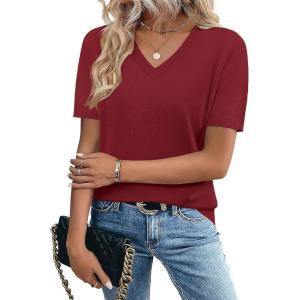 image:imageZeagoo Womens Short Sleeve Sweaters 2026 Summer Lightweight V Neck Pullover Tops Dressy Business Casual Blouses ClothesWine Red