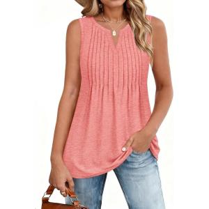 image:imageZeagoo Womens Summer Tank Tops 2026 Pleated V Neck Floral Loose Fit Casual Flowy Boho Tunic Sleeveless ShirtsCoral