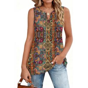 image:imageZeagoo Womens Summer Tank Tops 2026 Pleated V Neck Floral Loose Fit Casual Flowy Boho Tunic Sleeveless ShirtsMz721