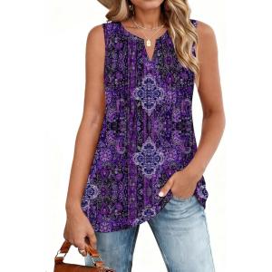 image:imageZeagoo Womens Summer Tank Tops 2026 Pleated V Neck Floral Loose Fit Casual Flowy Boho Tunic Sleeveless ShirtsMz907