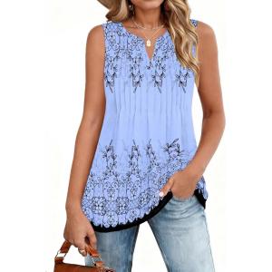 image:imageZeagoo Womens Summer Tank Tops 2026 Pleated V Neck Floral Loose Fit Casual Flowy Boho Tunic Sleeveless ShirtsSf166