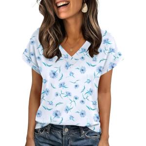 image:imageZeagoo Womens Summer Tops Rolled Short Sleeve V Neck Shirts Casual Dressy Business Work Blouses OutfitsBlue Flowerbf361