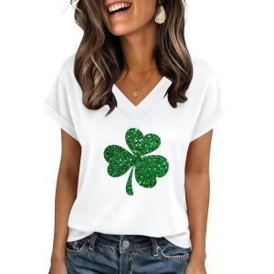 image:imageZeagoo Womens Summer Tops Rolled Short Sleeve V Neck Shirts Casual Dressy Business Work Blouses OutfitsClover Printsp139