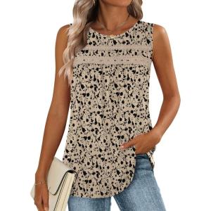 image:imageZeagoo Womens Tank Tops 2026 Summer Pleated Scoop Neck Sleeveless Lace Crochet Boho Tops Dressy Casual Loose Fit BlousesBeige Black Print