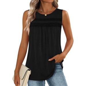 image:imageZeagoo Womens Tank Tops 2026 Summer Pleated Scoop Neck Sleeveless Lace Crochet Boho Tops Dressy Casual Loose Fit BlousesBlack