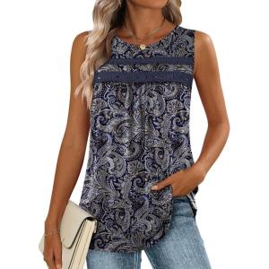 image:imageZeagoo Womens Tank Tops 2026 Summer Pleated Scoop Neck Sleeveless Lace Crochet Boho Tops Dressy Casual Loose Fit BlousesBlack Boho Print