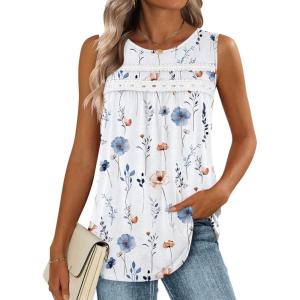 image:imageZeagoo Womens Tank Tops 2026 Summer Pleated Scoop Neck Sleeveless Lace Crochet Boho Tops Dressy Casual Loose Fit BlousesBlue Flower