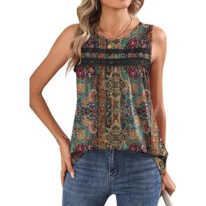 image:imageZeagoo Womens Tank Tops 2026 Summer Pleated Scoop Neck Sleeveless Lace Crochet Boho Tops Dressy Casual Loose Fit BlousesBrown Boho Print