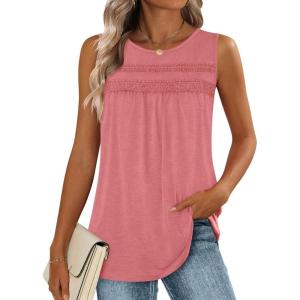 image:imageZeagoo Womens Tank Tops 2026 Summer Pleated Scoop Neck Sleeveless Lace Crochet Boho Tops Dressy Casual Loose Fit BlousesCoral