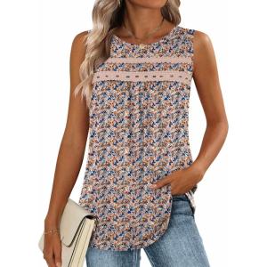 image:imageZeagoo Womens Tank Tops 2026 Summer Pleated Scoop Neck Sleeveless Lace Crochet Boho Tops Dressy Casual Loose Fit BlousesFloral Pink