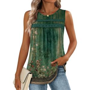 image:imageZeagoo Womens Tank Tops 2026 Summer Pleated Scoop Neck Sleeveless Lace Crochet Boho Tops Dressy Casual Loose Fit BlousesGreen Flower