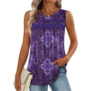 image:imageZeagoo Womens Tank Tops 2026 Summer Pleated Scoop Neck Sleeveless Lace Crochet Boho Tops Dressy Casual Loose Fit BlousesPurple Boho Print