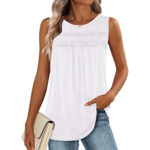 image:imageZeagoo Womens Tank Tops 2026 Summer Pleated Scoop Neck Sleeveless Lace Crochet Boho Tops Dressy Casual Loose Fit BlousesWhite
