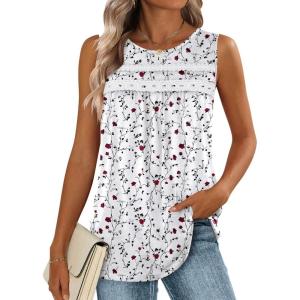 image:imageZeagoo Womens Tank Tops 2026 Summer Pleated Scoop Neck Sleeveless Lace Crochet Boho Tops Dressy Casual Loose Fit BlousesWhite Red Flower