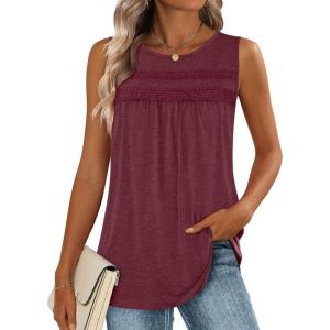 image:imageZeagoo Womens Tank Tops 2026 Summer Pleated Scoop Neck Sleeveless Lace Crochet Boho Tops Dressy Casual Loose Fit BlousesWine Red