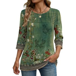 image:imageZeagoo Womens Tops 34 Length Sleeve Blouses Dressy Casual Shirt Pleated Front Tunic Floral Printed Spring ClothesBobo Green 839