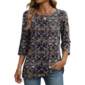 image:imageZeagoo Womens Tops 34 Length Sleeve Blouses Dressy Casual Shirt Pleated Front Tunic Floral Printed Spring ClothesBobo Navy 869