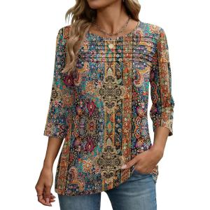 image:imageZeagoo Womens Tops 34 Length Sleeve Blouses Dressy Casual Shirt Pleated Front Tunic Floral Printed Spring ClothesBoho Multicolor 721