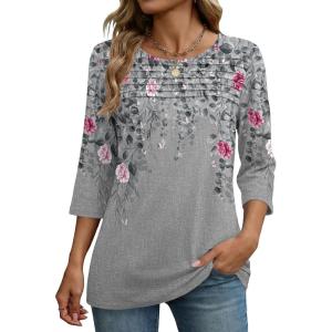 image:imageZeagoo Womens Tops 34 Length Sleeve Blouses Dressy Casual Shirt Pleated Front Tunic Floral Printed Spring ClothesFloral Grey 36