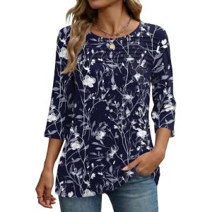 image:imageZeagoo Womens Tops 34 Length Sleeve Blouses Dressy Casual Shirt Pleated Front Tunic Floral Printed Spring ClothesFloral Navy 180