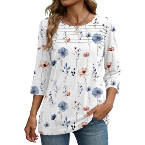image:imageZeagoo Womens Tops 34 Length Sleeve Blouses Dressy Casual Shirt Pleated Front Tunic Floral Printed Spring ClothesFloral White 290
