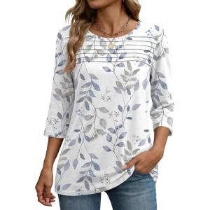 image:imageZeagoo Womens Tops 34 Length Sleeve Blouses Dressy Casual Shirt Pleated Front Tunic Floral Printed Spring ClothesLeaf White 113