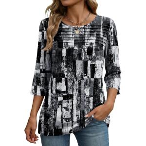 image:imageZeagoo Womens Tops 34 Length Sleeve Blouses Dressy Casual Shirt Pleated Front Tunic Floral Printed Spring ClothesPrinted Black White 332